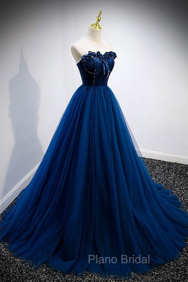Elegant Blue Velvet And Tulle Long Formal Prom Dresses Strapless