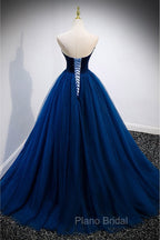 Elegant Blue Velvet And Tulle Long Formal Prom Dresses Strapless