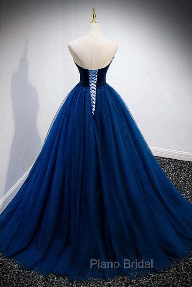 Elegant Blue Velvet And Tulle Long Formal Prom Dresses Strapless
