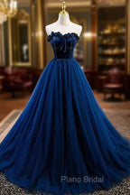 Elegant Blue Velvet And Tulle Long Formal Prom Dresses Strapless