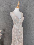 Elegant Blush Pink Lace Gradient Spaghetti Strap V-Neck Train Formal Prom Dresses