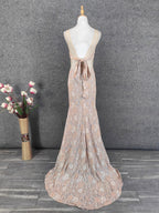 Elegant Blush Pink Lace Gradient Spaghetti Strap V-Neck Train Formal Prom Dresses