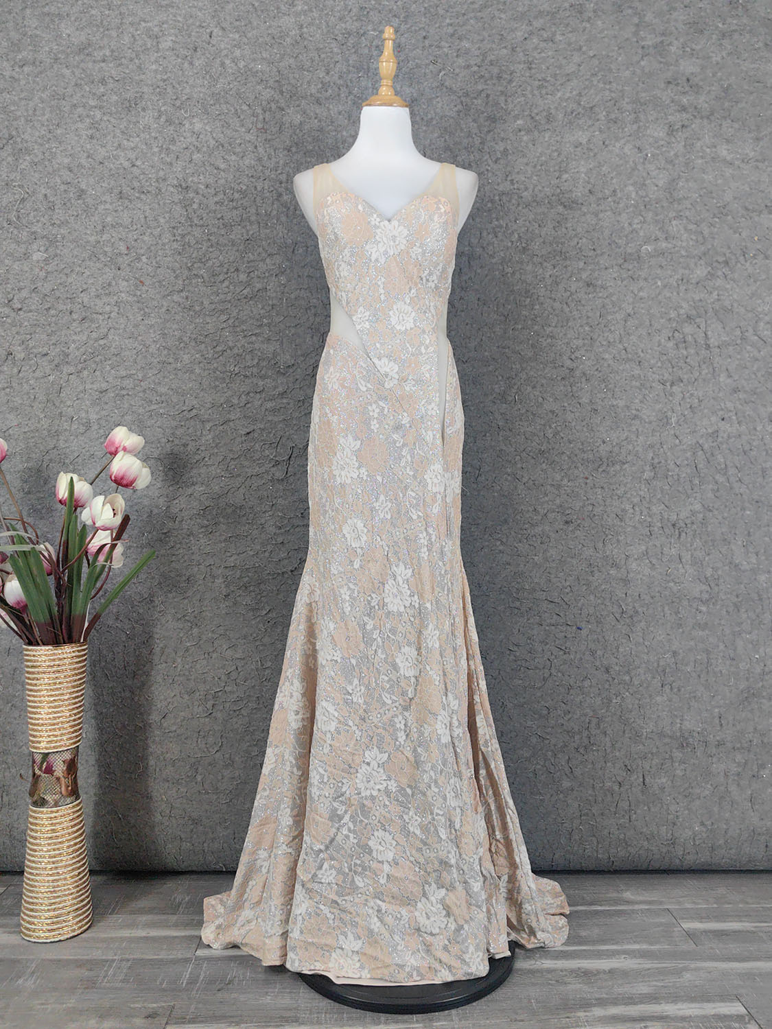 Elegant Blush Pink Lace Gradient Spaghetti Strap V-Neck Train Formal Prom Dresses Main image