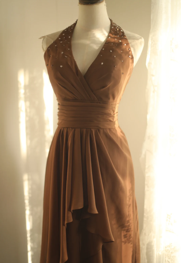 Elegant Brown A-Line Halter Neck Chiffon Long Formal Prom Dresses