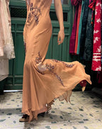 Elegant Brown And Gold Mermaid Halter-Neck Embroidered Beaded Chiffon Long Formal Prom Dresses
