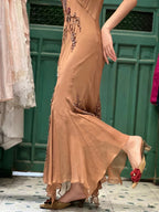 Elegant Brown And Gold Mermaid Halter-Neck Embroidered Beaded Chiffon Long Formal Prom Dresses