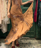 Elegant Brown And Gold Mermaid Halter-Neck Embroidered Beaded Chiffon Long Formal Prom Dresses