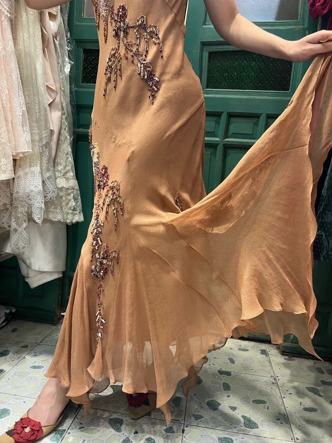 Elegant Brown And Gold Mermaid Halter-Neck Embroidered Beaded Chiffon Long Formal Prom Dresses