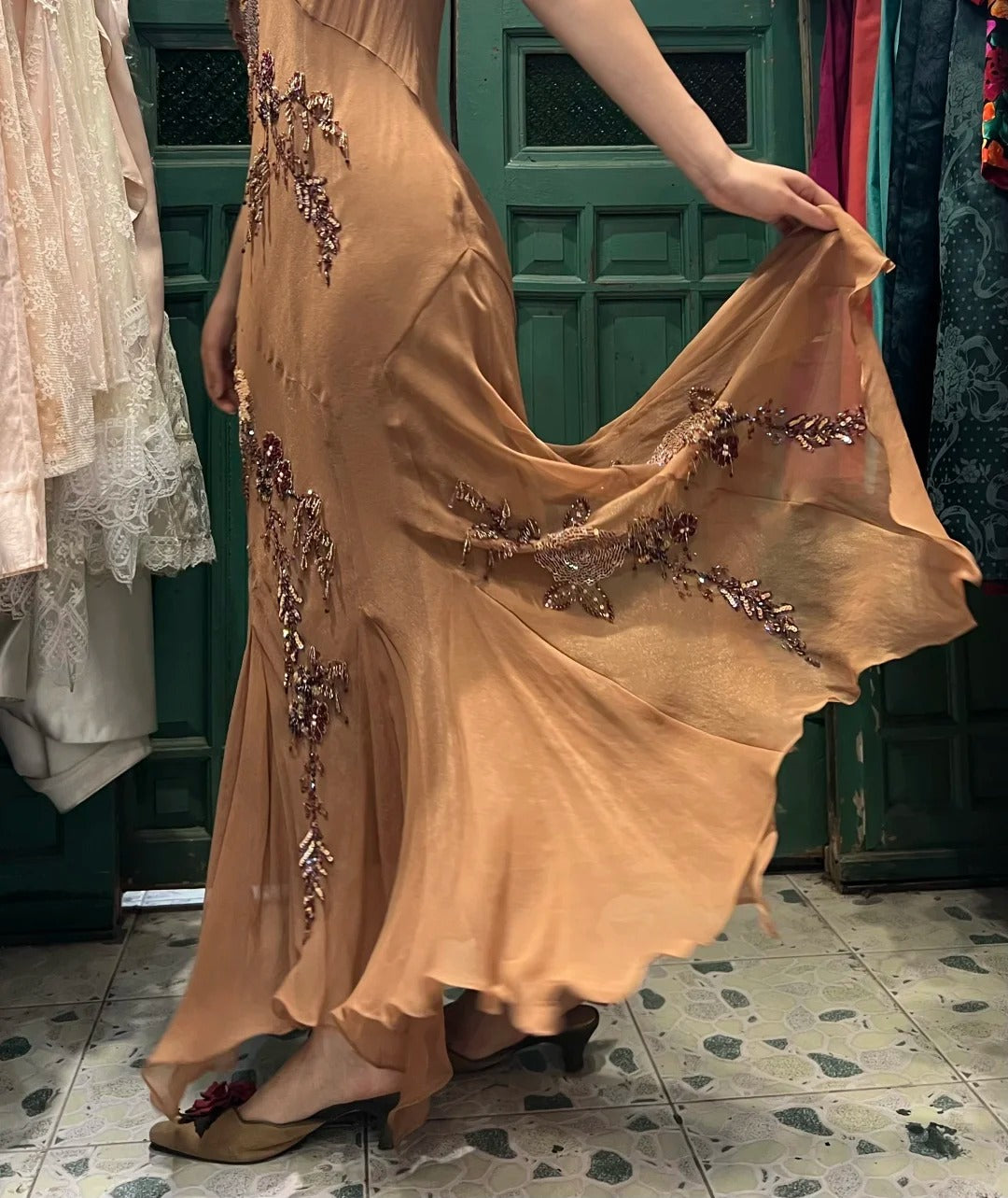 Elegant Brown And Gold Mermaid Halter-Neck Embroidered Beaded Chiffon Long Formal Prom Dresses