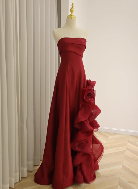 Elegant Burgundy 3D Floral Embellished Strapless Satin Long Formal Prom Dresses