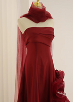 Elegant Burgundy 3D Floral Embellished Strapless Satin Long Formal Prom Dresses