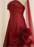 Elegant Burgundy 3D Floral Embellished Strapless Satin Long Formal Prom Dresses
