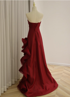 Elegant Burgundy 3D Floral Embellished Strapless Satin Long Formal Prom Dresses