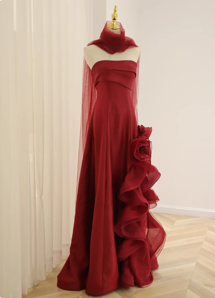 Elegant Burgundy 3D Floral Embellished Strapless Satin Long Formal Prom Dresses Main image