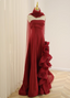 Elegant Burgundy 3D Floral Embellished Strapless Satin Long Formal Prom Dresses