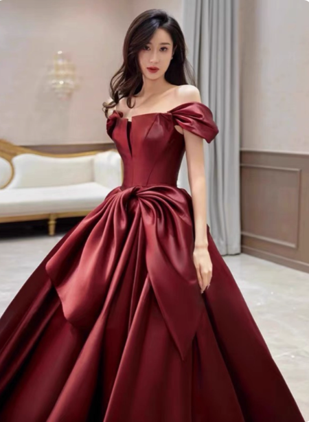 Elegant Burgundy A-Line Off-The-Shoulder Bow Satin Train Formal Prom Dresses