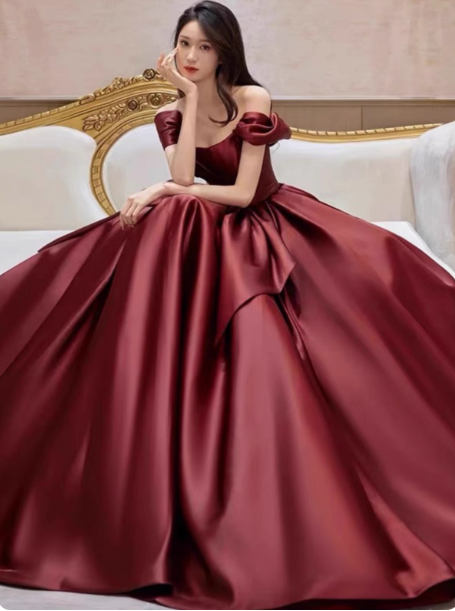 Elegant Burgundy A-Line Off-The-Shoulder Bow Satin Train Formal Prom Dresses