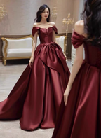 Elegant Burgundy A-Line Off-The-Shoulder Bow Satin Train Formal Prom Dresses