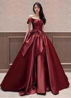 Elegant Burgundy A-Line Off-The-Shoulder Bow Satin Train Formal Prom Dresses