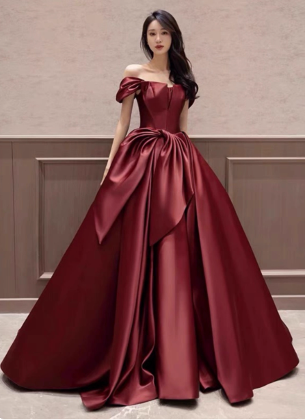 Elegant Burgundy A-Line Off-The-Shoulder Bow Satin Train Formal Prom Dresses