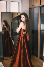 Elegant Burgundy A-Line Square Neck Bow Satin Long Prom Dress Evening Dress