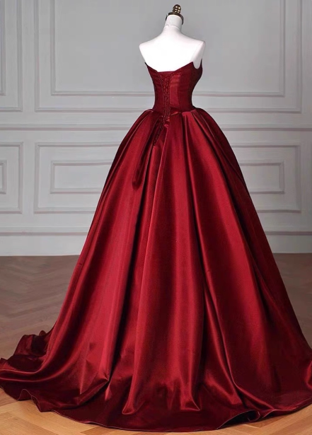 Elegant Burgundy A-Line Strapless Satin Train Formal Prom Dresses