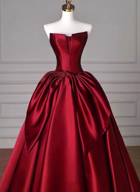Elegant Burgundy A-Line Strapless Satin Train Formal Prom Dresses