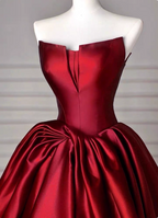 Elegant Burgundy A-Line Strapless Satin Train Formal Prom Dresses