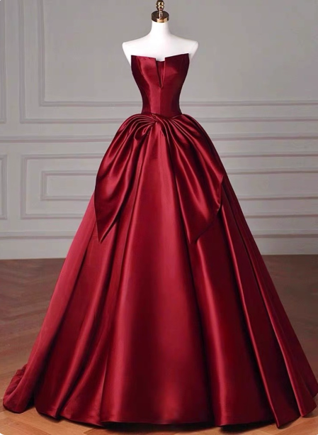 Elegant Burgundy A-Line Strapless Satin Train Formal Prom Dresses Main image