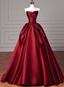 Elegant Burgundy A-Line Strapless Satin Train Formal Prom Dresses