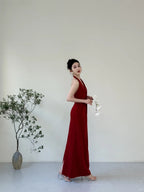 Elegant Burgundy Fitted Halter Neck Deep V-Neck Satin Long Formal Prom Dresses