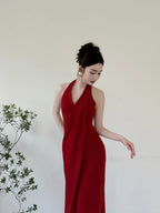 Elegant Burgundy Fitted Halter Neck Deep V-Neck Satin Long Formal Prom Dresses