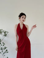 Elegant Burgundy Fitted Halter Neck Deep V-Neck Satin Long Formal Prom Dresses