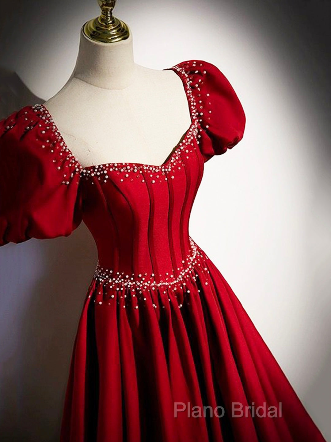 Elegant Burgundy Floor Length Formal Prom Dresses, A-Line Beading Puffy Short Sleeve Backless Formal Dresses