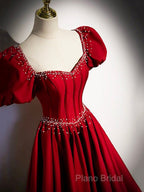 Elegant Burgundy Floor Length Formal Prom Dresses, A-Line Beading Puffy Short Sleeve Backless Formal Dresses