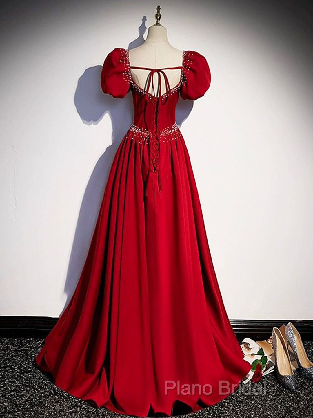 Elegant Burgundy Floor Length Formal Prom Dresses, A-Line Beading Puffy Short Sleeve Backless Formal Dresses