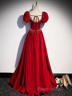Elegant Burgundy Floor Length Formal Prom Dresses, A-Line Beading Puffy Short Sleeve Backless Formal Dresses