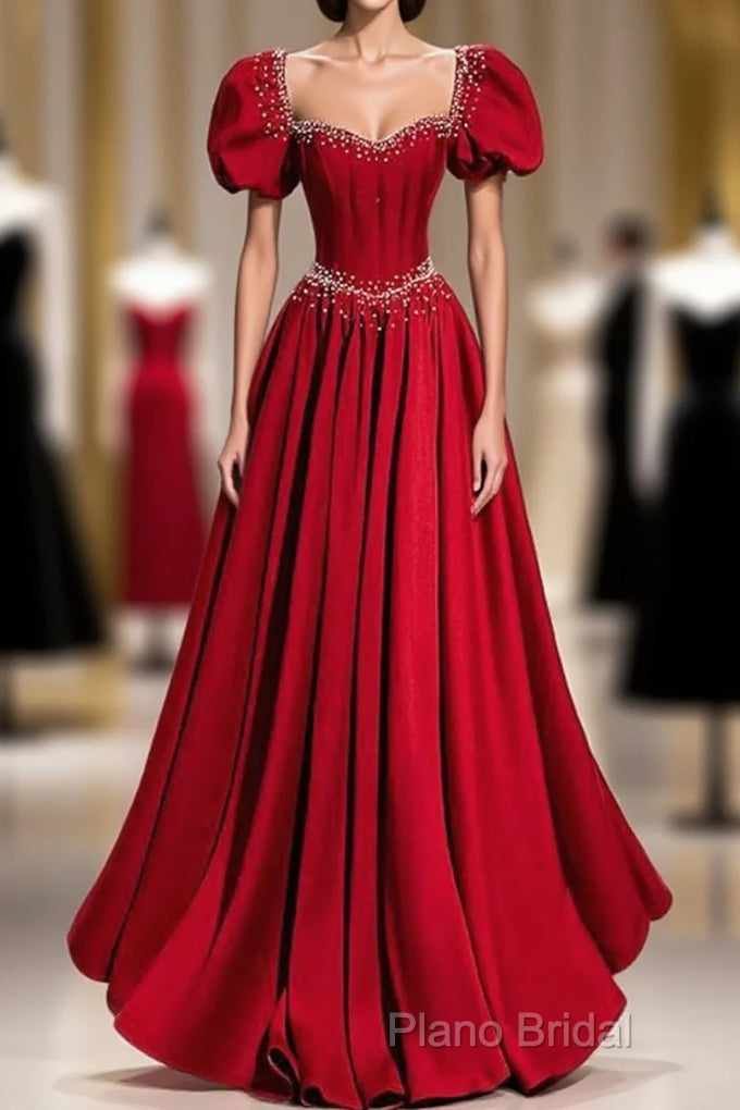 Elegant Burgundy Floor Length Formal Prom Dresses, A-Line Beading Puffy Short Sleeve Backless Formal Dresses Main image