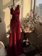 Elegant Burgundy Mermaid Jacquard Satin V-Neck Evening Dress Simple Prom Dress