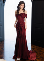 Elegant Burgundy Mermaid Off-The-Shoulder Ruffled Satin Train Formal Prom Dresses