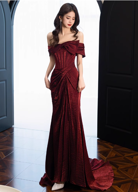 Elegant Burgundy Mermaid Off-The-Shoulder Ruffled Satin Train Formal Prom Dresses