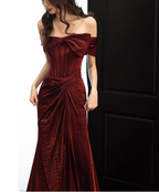 Elegant Burgundy Mermaid Off-The-Shoulder Ruffled Satin Train Formal Prom Dresses