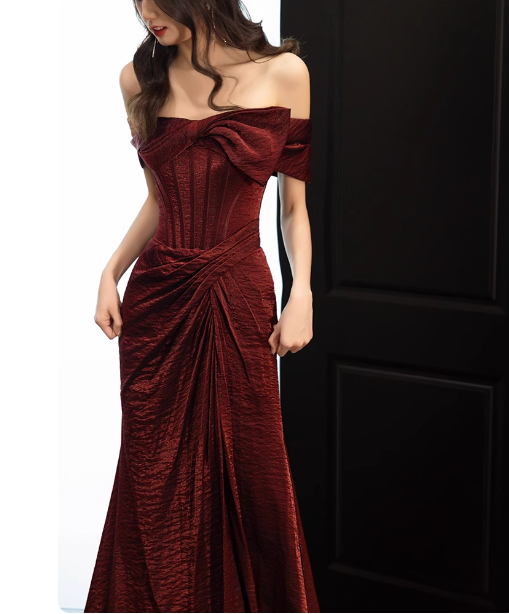 Elegant Burgundy Mermaid Off-The-Shoulder Ruffled Satin Train Formal Prom Dresses
