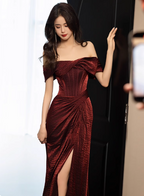 Elegant Burgundy Mermaid Off-The-Shoulder Ruffled Satin Train Formal Prom Dresses