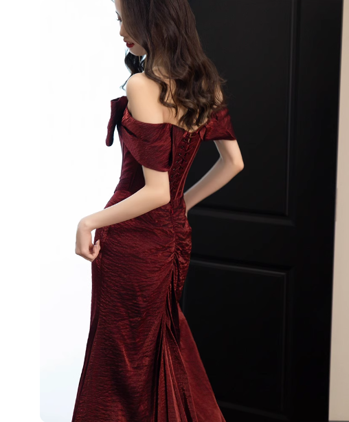 Elegant Burgundy Mermaid Off-The-Shoulder Ruffled Satin Train Formal Prom Dresses