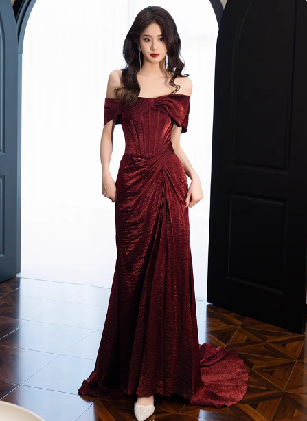 Elegant Burgundy Mermaid Off-The-Shoulder Ruffled Satin Train Formal Prom Dresses Main image