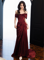 Elegant Burgundy Mermaid Off-The-Shoulder Ruffled Satin Train Formal Prom Dresses
