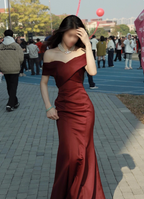 Elegant Burgundy Mermaid Off-The-Shoulder Satin Long Formal Prom Dresses