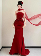 Elegant Burgundy Mermaid Strapless 3D Floral Satin Train Formal Prom Dresses