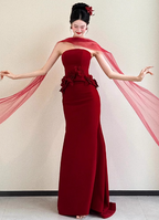 Elegant Burgundy Mermaid Strapless 3D Floral Satin Train Formal Prom Dresses